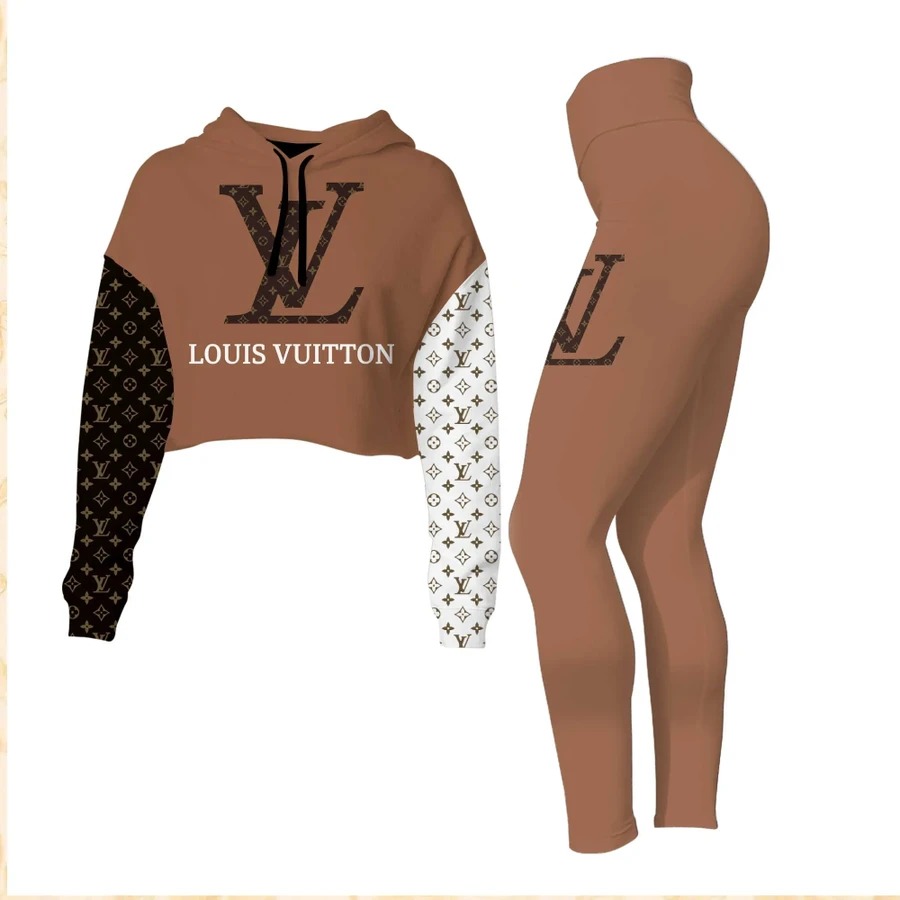 HOT Louis Vuitton Luxury Brand Brown Crop Top Hoodie Legging