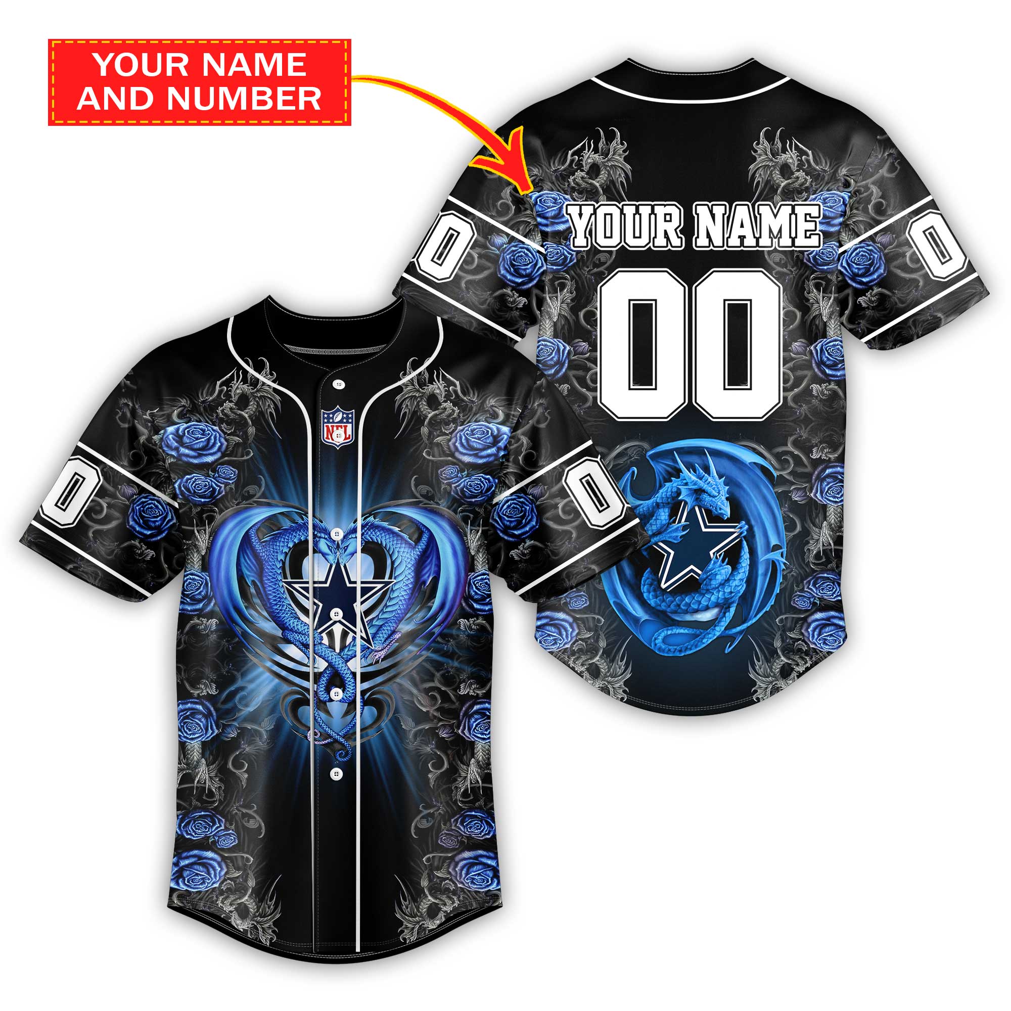 Dallas Cowboys Custom Number And Name NFL Dragon Jersey Shirt Gift